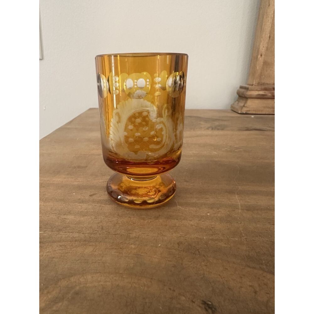 AMBER CUT TO CRYSTAL ETCHED STEMMED TOOTHPICK HOLDER TREES HOUSE BIRD 3.5”T